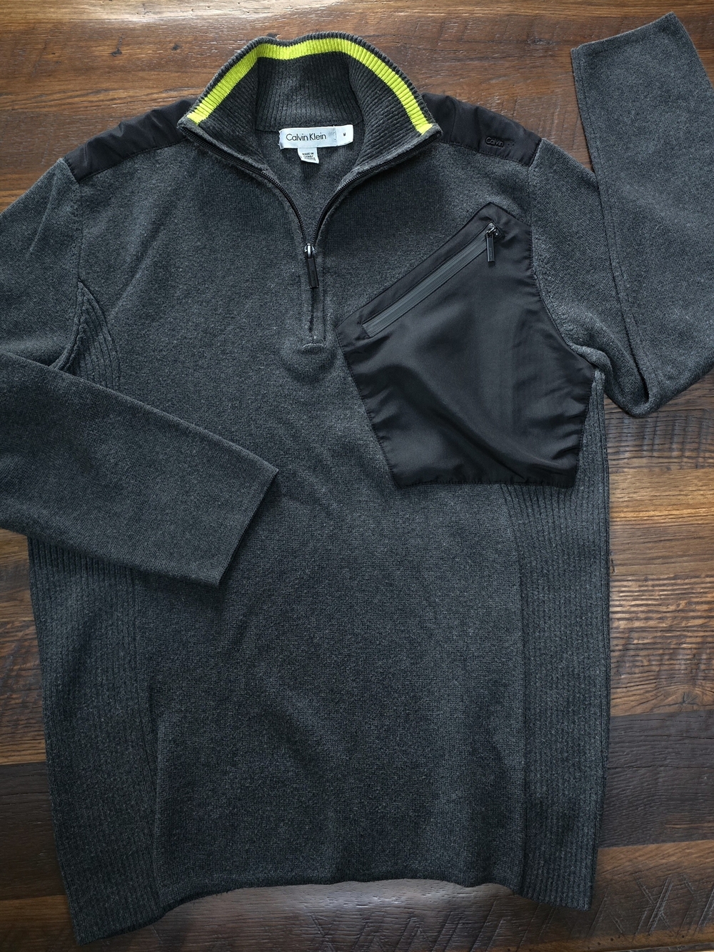 Calvin Klein Men's 1/4 Zip Mock Nk Dark Grey/ Black Cotton Sweater Zipper Pocket